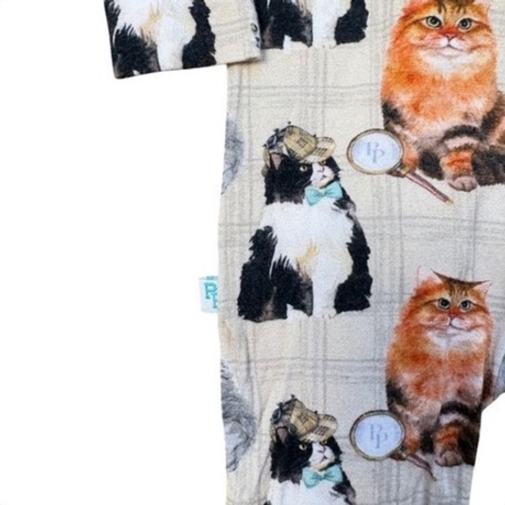 Posh‎ Peanut Detective Cats Bamboo Viscose Footed Sleeper 6-9 Months Tan Plaid - Picture 3 of 4